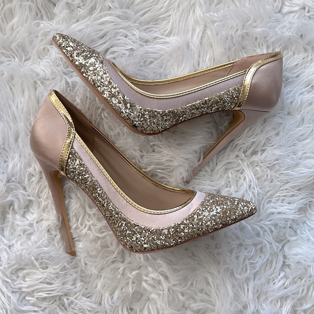 NWT! Manne Champagne and Gold Glitter Women's Heels - Picture 3 of 5